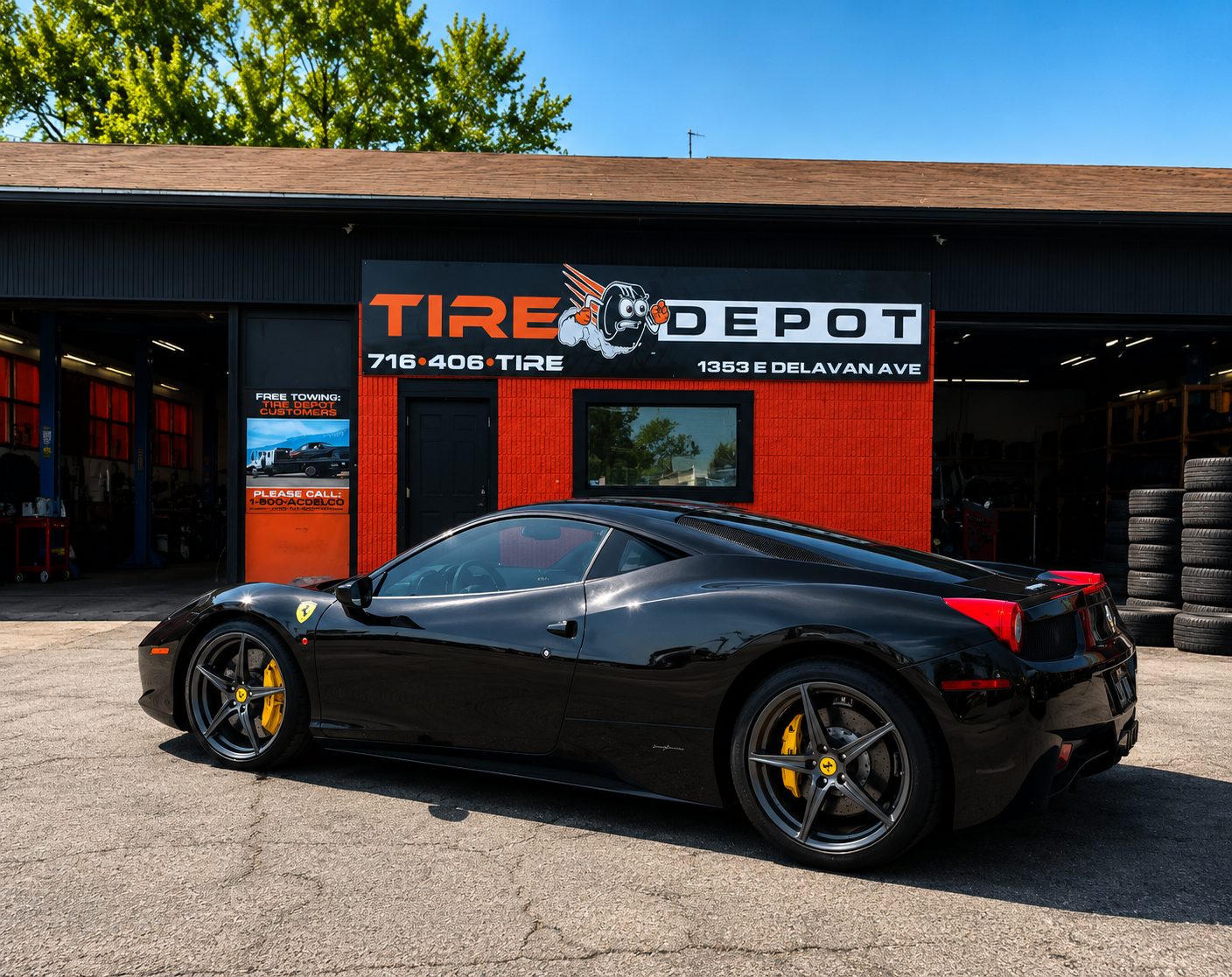 Ferrari 458 parked outside Tire Depot & Auto in Buffalo, NY